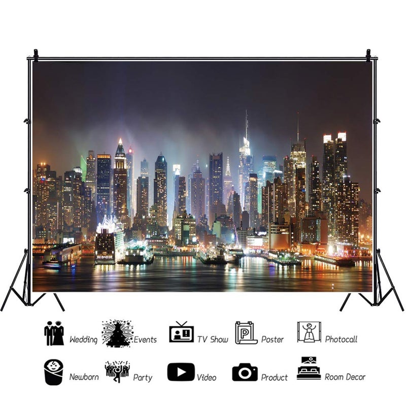 Haoyiyi 7x5ft Aerial View City Landscape New York Night Backdrop American Shining Lights Famous Landmark Skyscrapers Modern City Photography Background Family New Year Eve Photo Booth Studio Props - Image 2